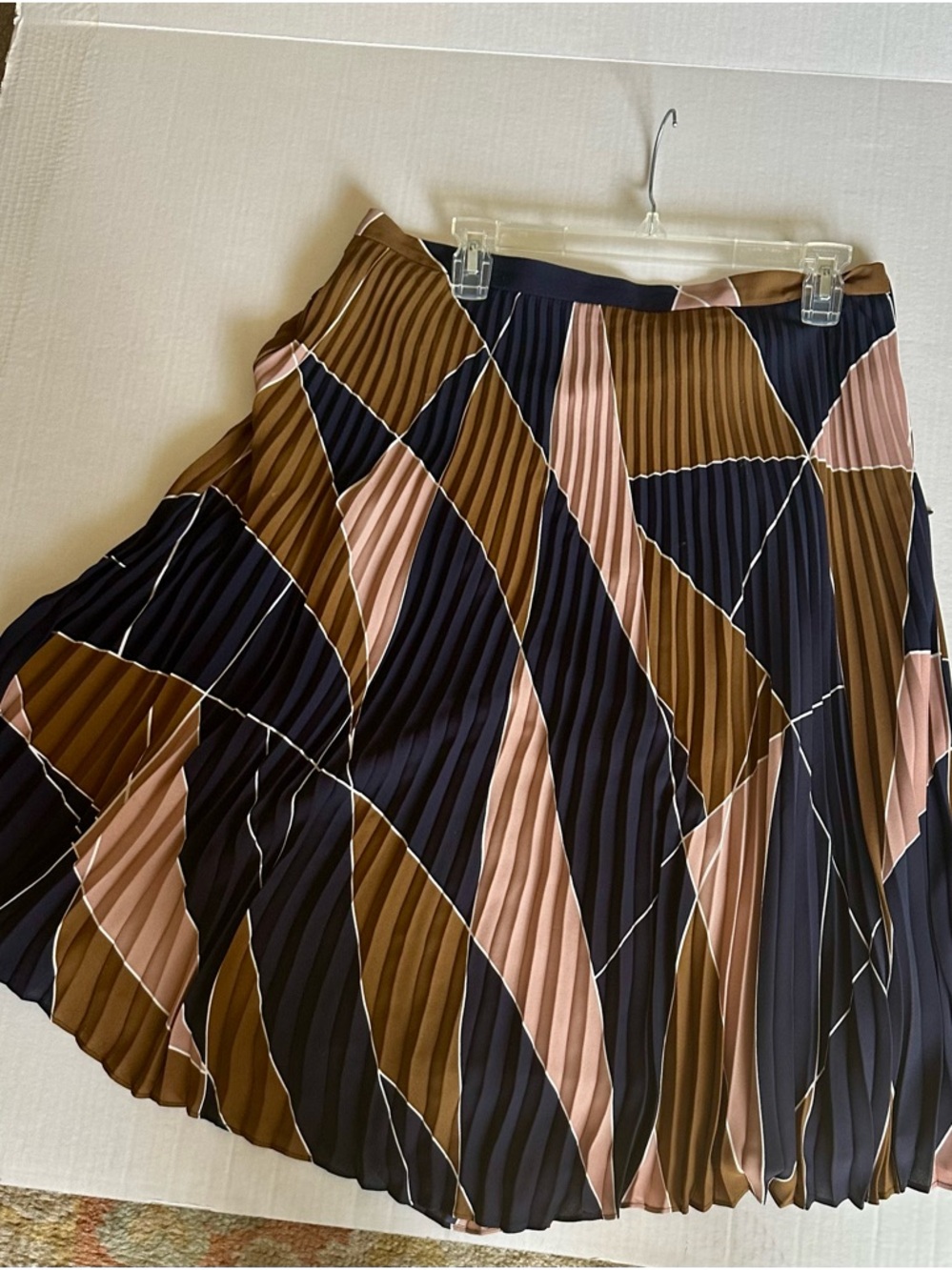 Ann Taylor Pleated Geometric Midi Skirt in Navy, Blush & Brown